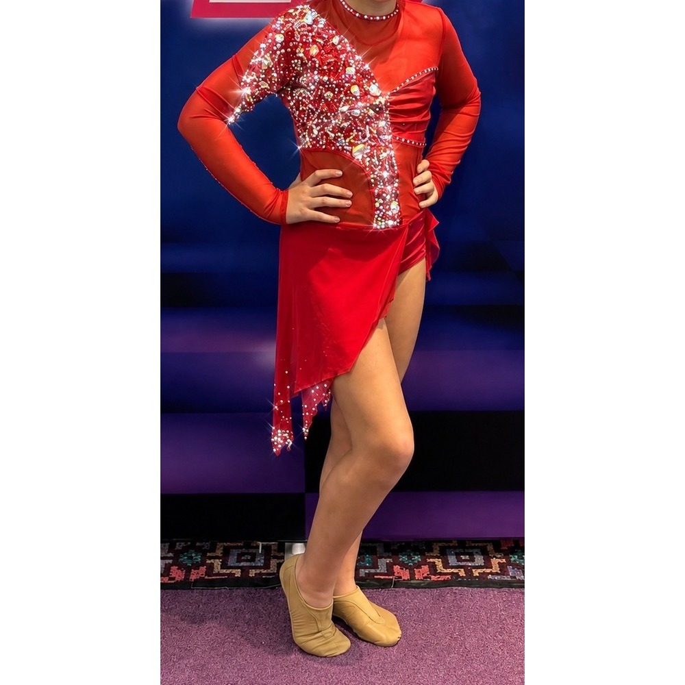 Girls Lyrical Contemporary Dance Costume Red Custom  (P-To-P 14in, L 27in)